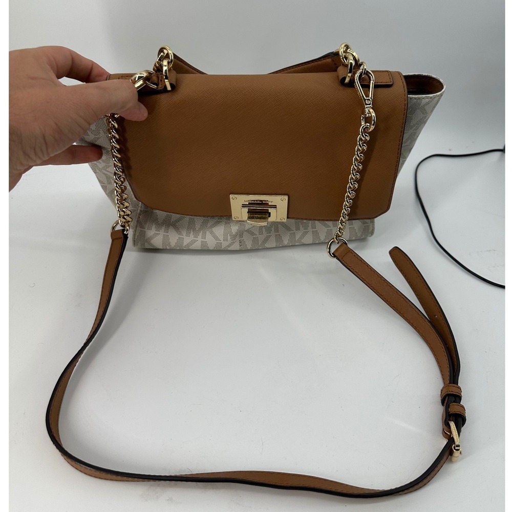 Michael Kors Monogram Vanilla Tan Leather Crossbody Bag Gold Hardware - Picture 2 of 9